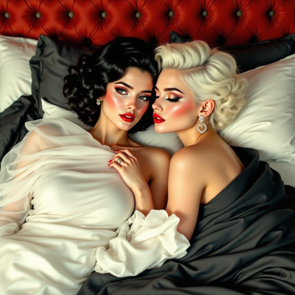 Vintage Pin-Up Women in Love Under Black and White Bedding