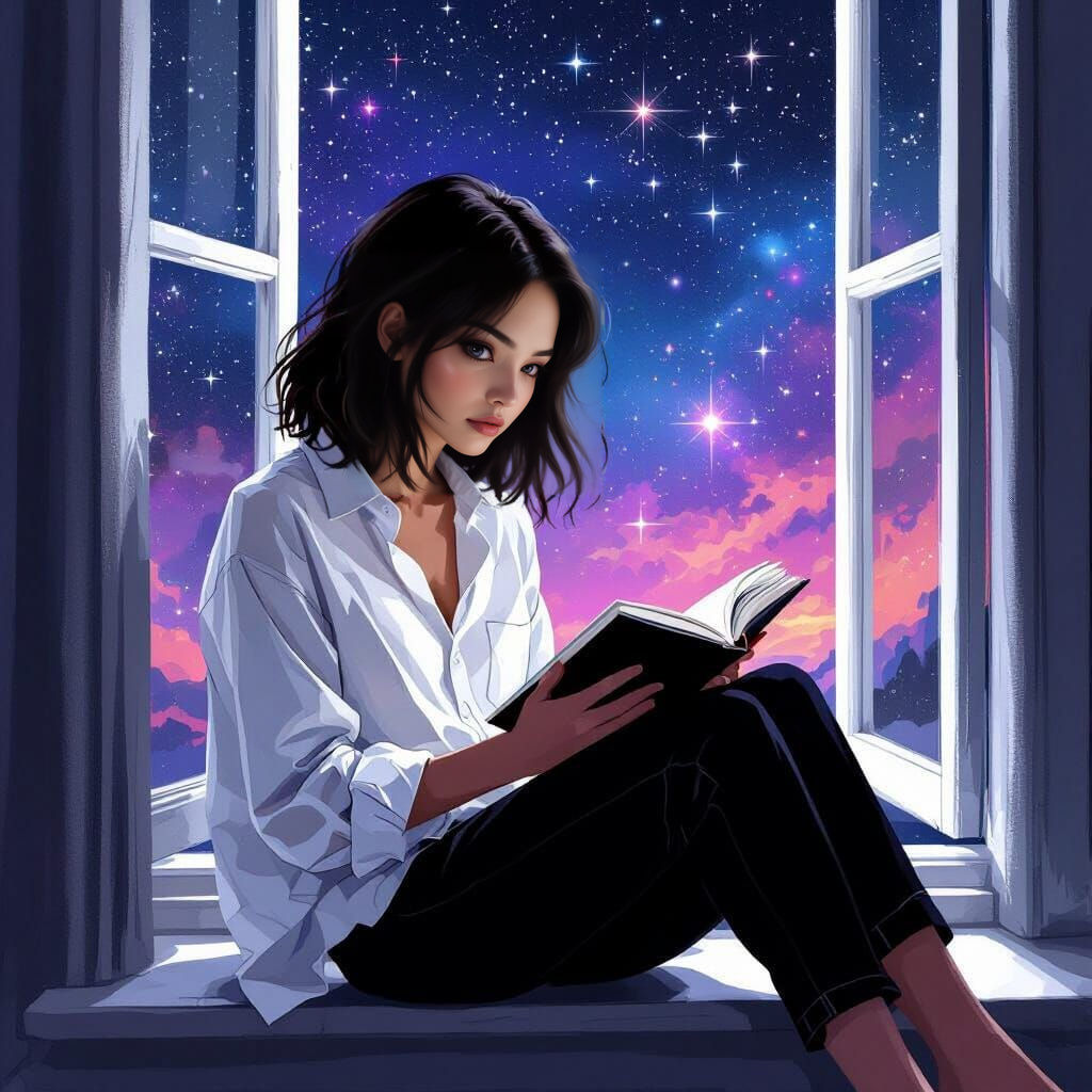 Girl Reading by Cosmic Window in Graphic Style