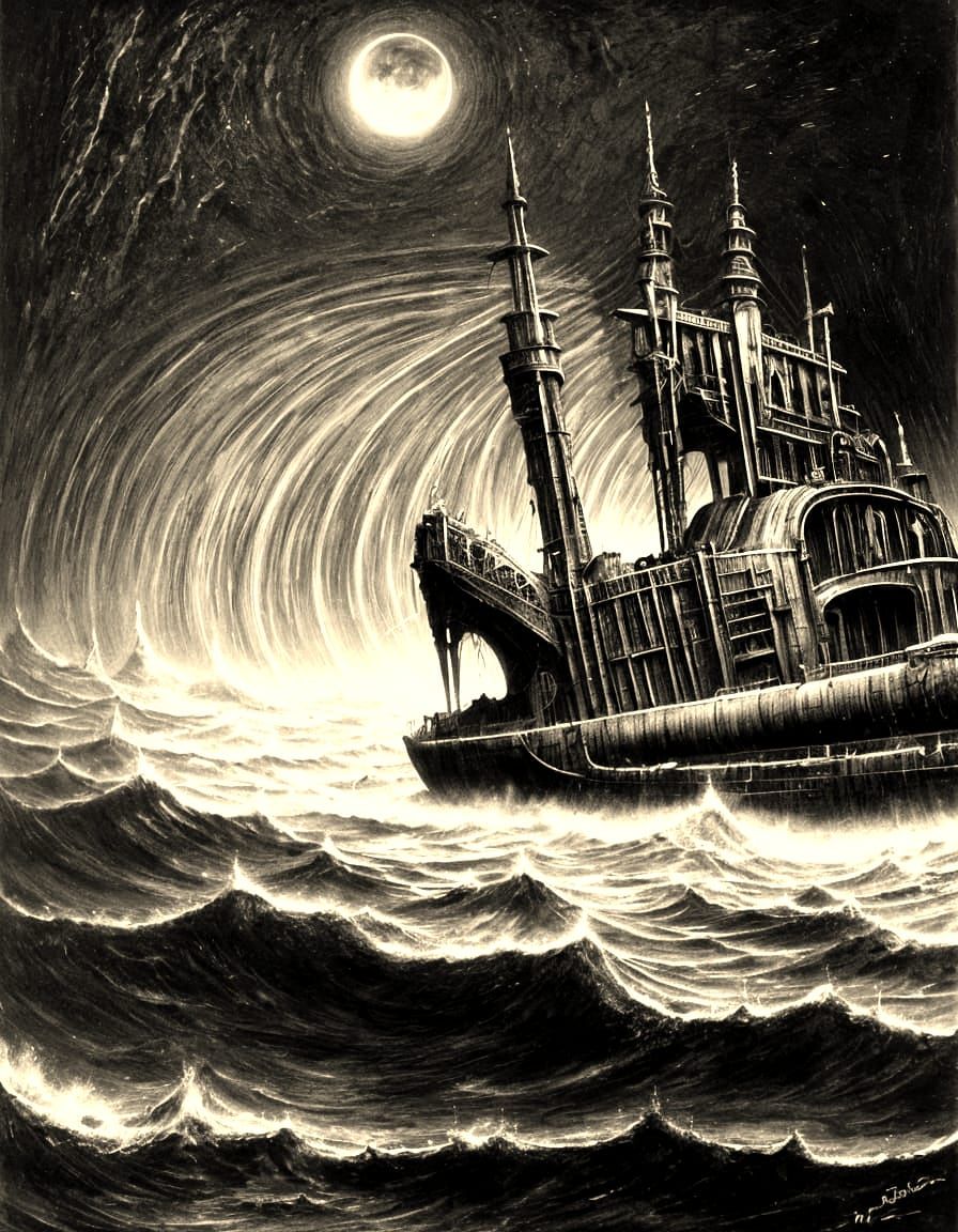 Surreal Ghost Ship in Dark Night