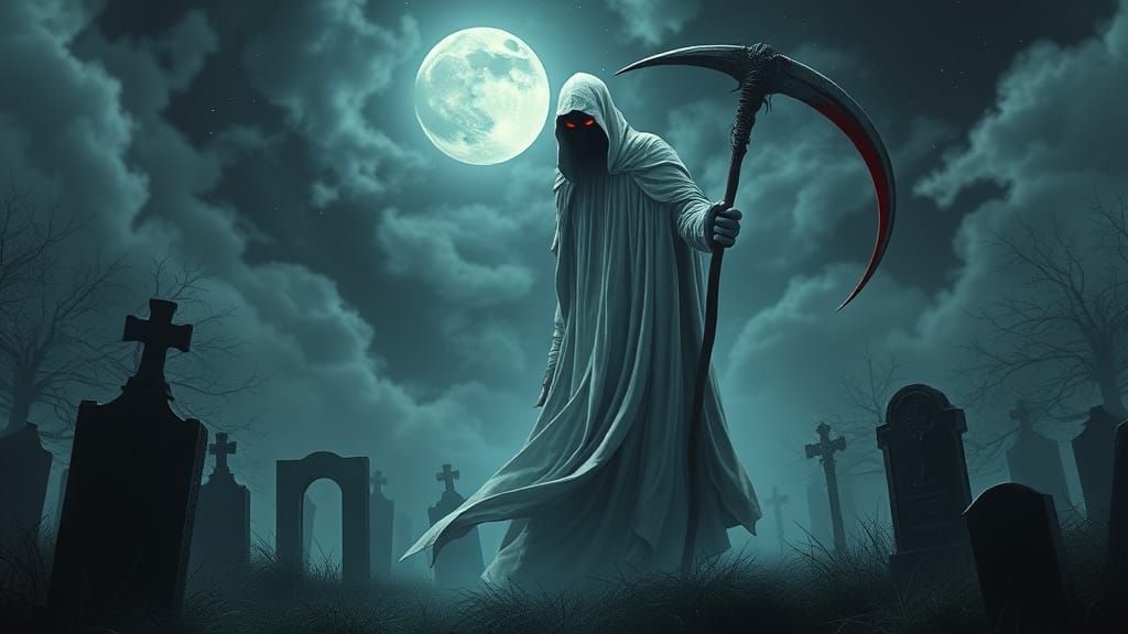 Grim Reaper Glides Through Graveyard in Astral Illustration