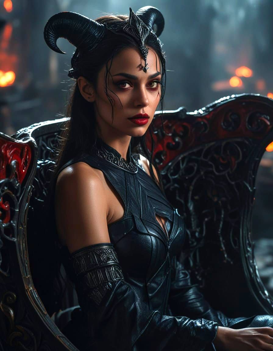 Seductive Demon Queen in Hellish Throne Room