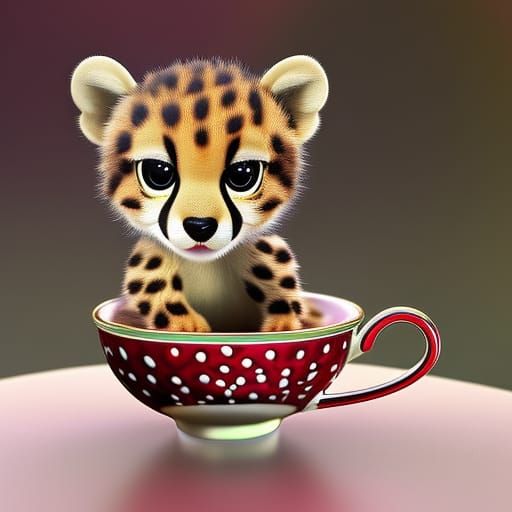 Cute Baby Cheetah in Teacup: 3D Digital Art