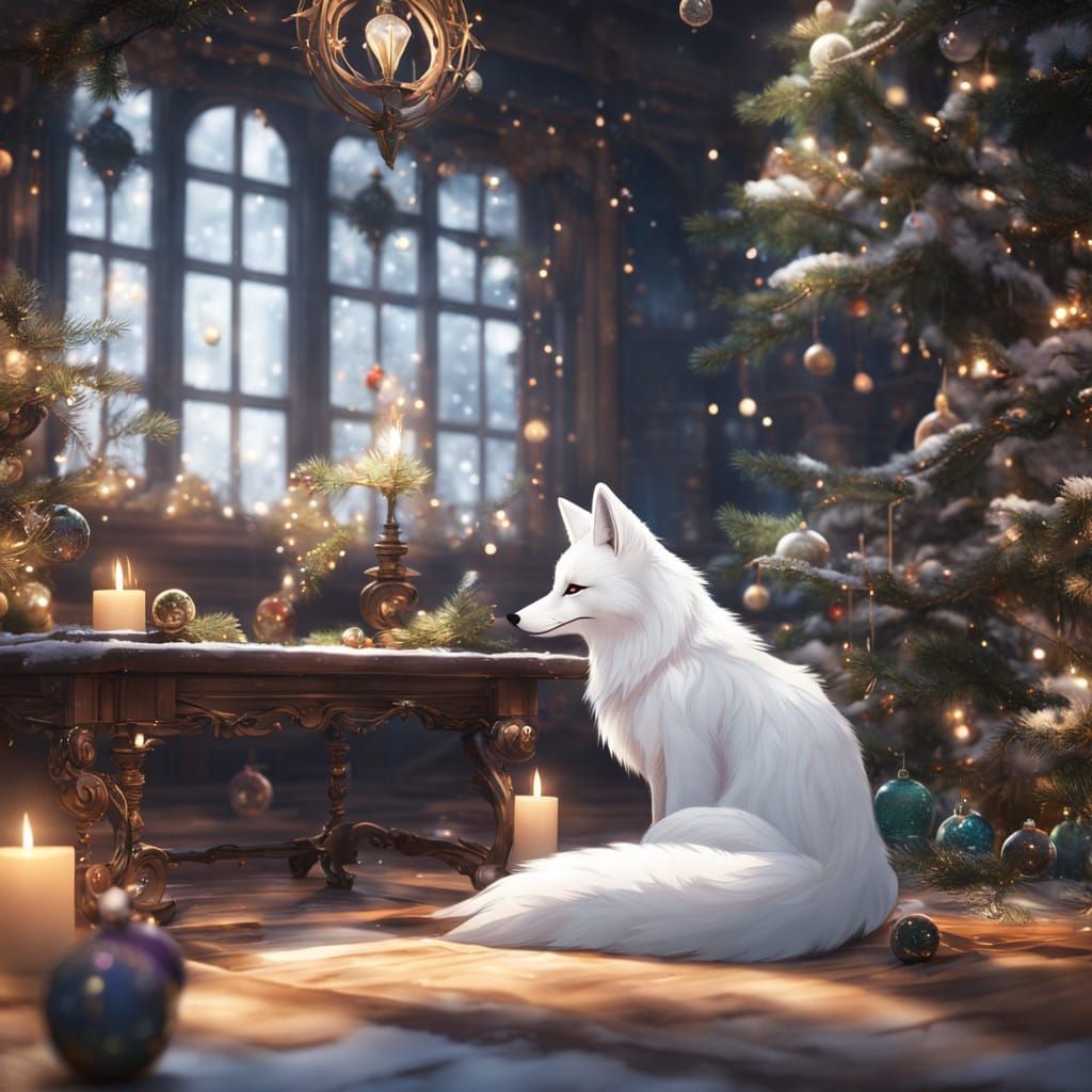 Surreal Anime-Inspired Fox Sits Serenely Under Christmas Tre...