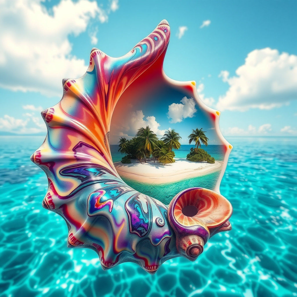 Surreal Conch Shell Oasis: Digital Oil Painting