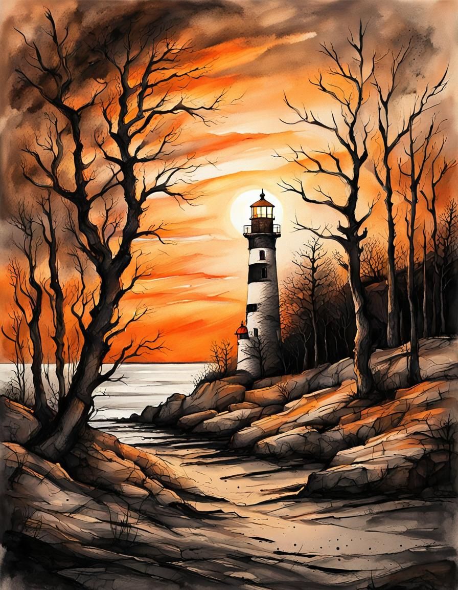 Lighthouse seen through gnarly trees, sandy and rocky soil, sunset, in modern european ink painting