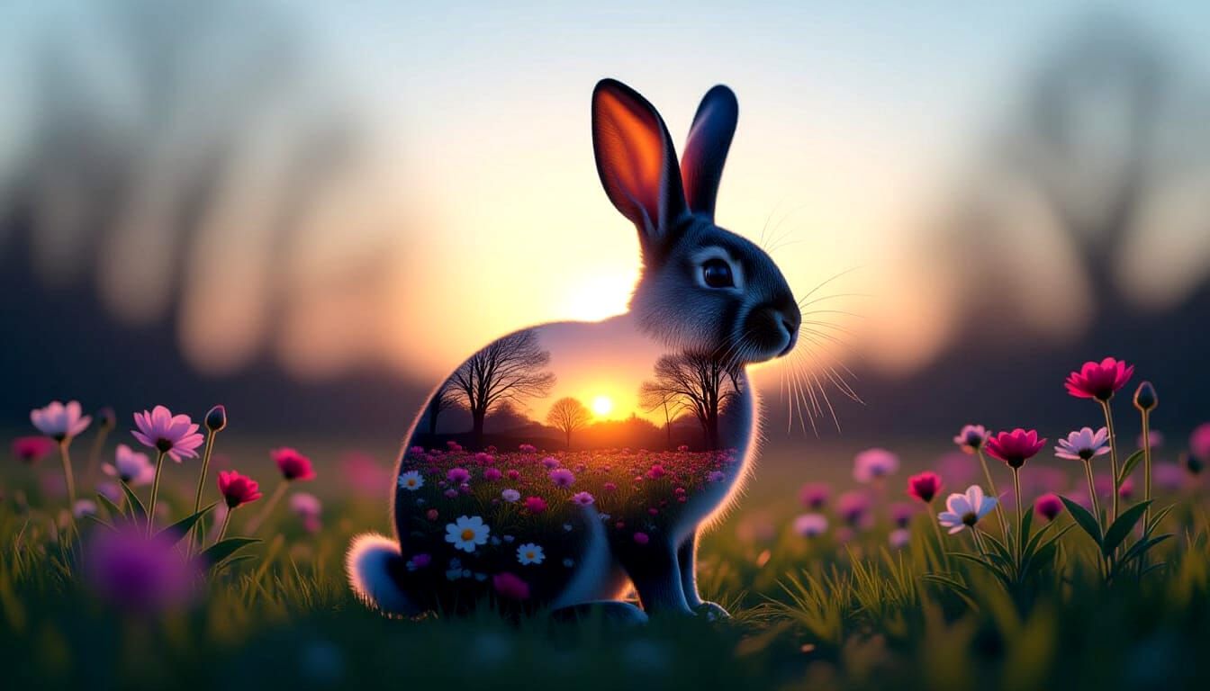 3D Double Exposure Silhouette Rabbit in Garden