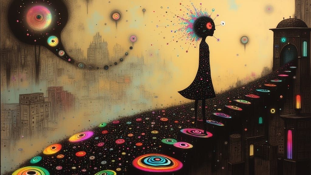 Whimsical Woman in Iridescent Gown Descends Mystical Stairca...