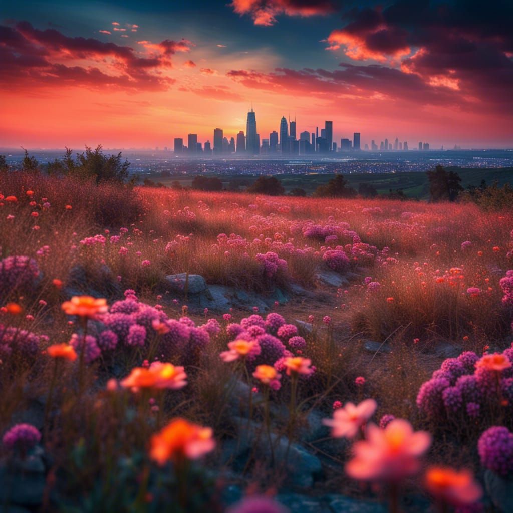 Magical Flowery Landscape with Cityscape in HDR