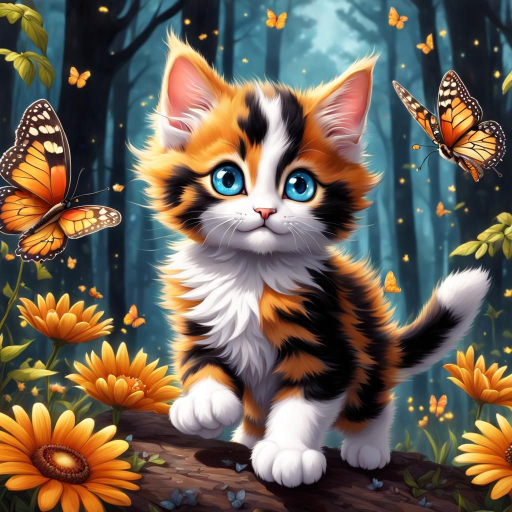 Cute Calico Kitten in Enchanted Forest Cartoon
