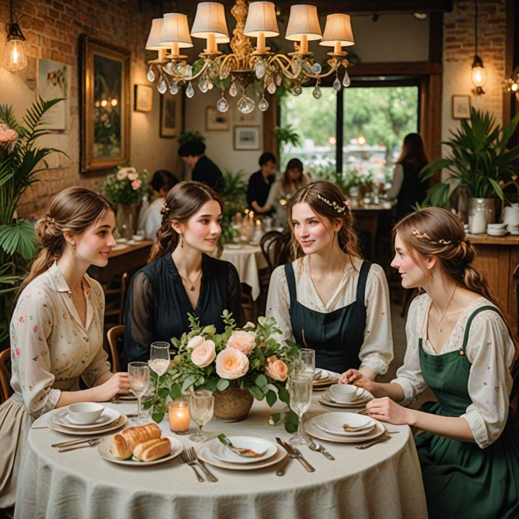 Women's Cafe Gathering in Impressionist Style