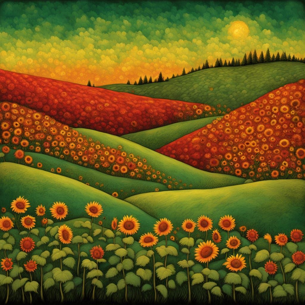 Lush Sunflower Hills in Whimsical Style
