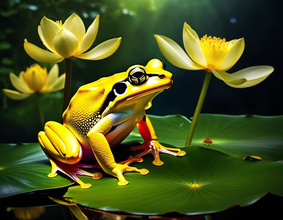 Yellow Frog on Lotus Flower: Photorealistic Digital Art