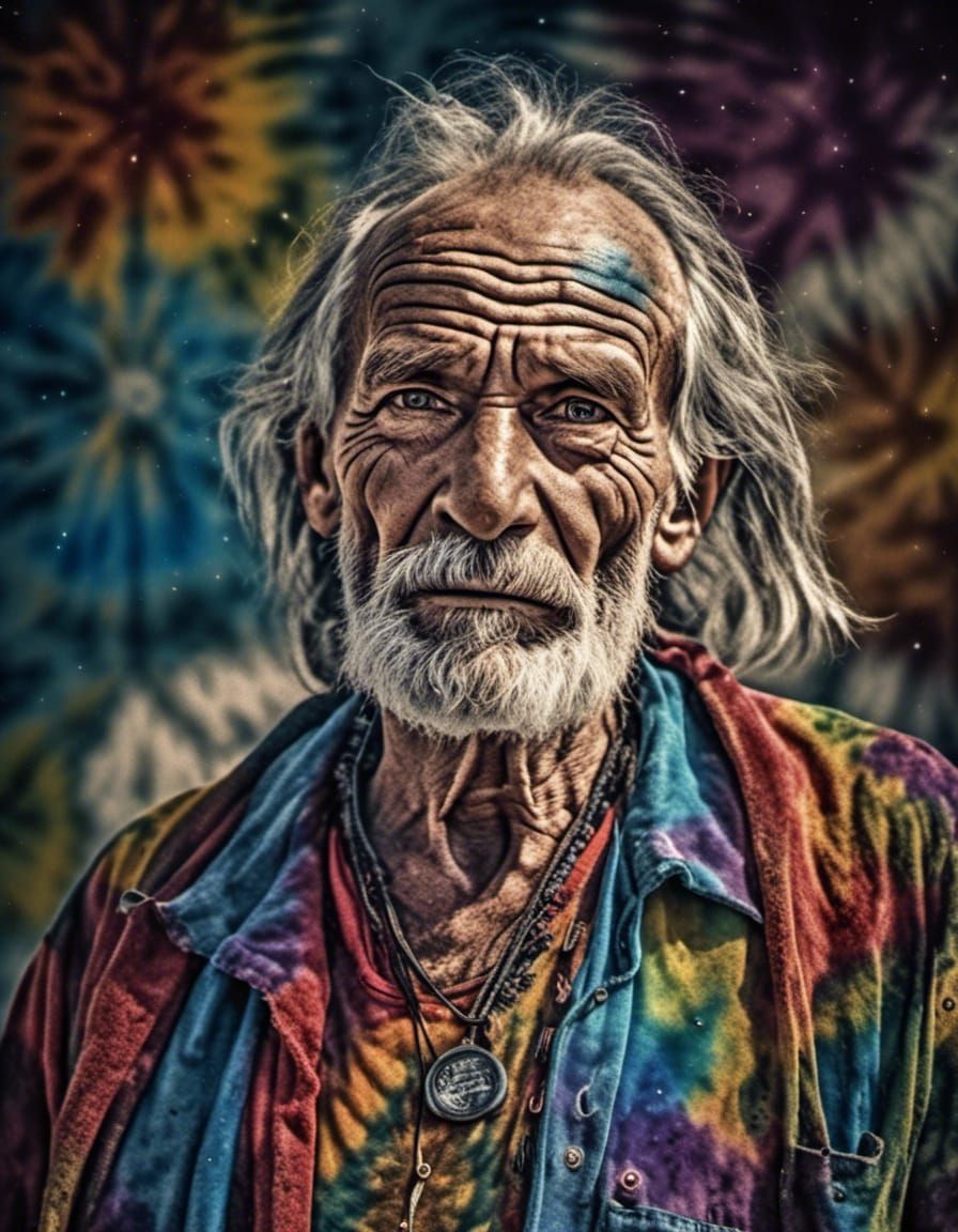 An old Hippy guy wearing a tie dye t shirt 4