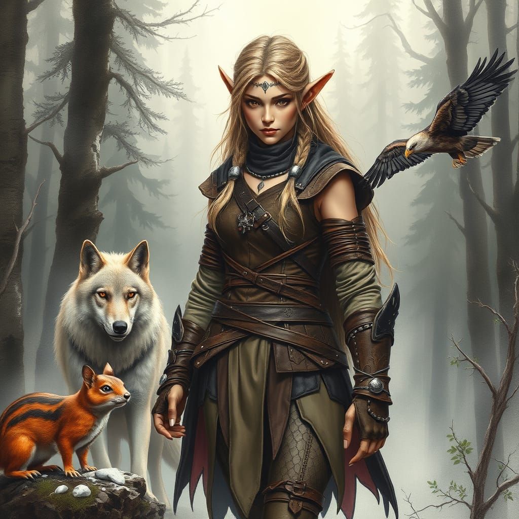 Elven Ranger in Mystical Forest Landscape