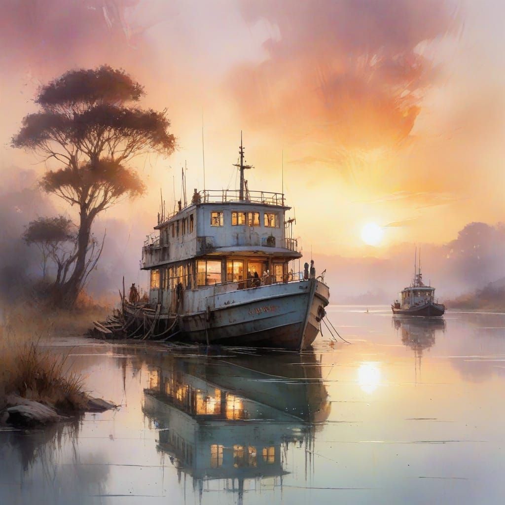 Surreal Watercolour Ferry Scene at Sunset