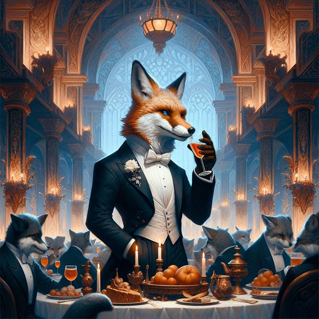 Formal Fox at a Whimsical Dinner Party in Fantasy Style