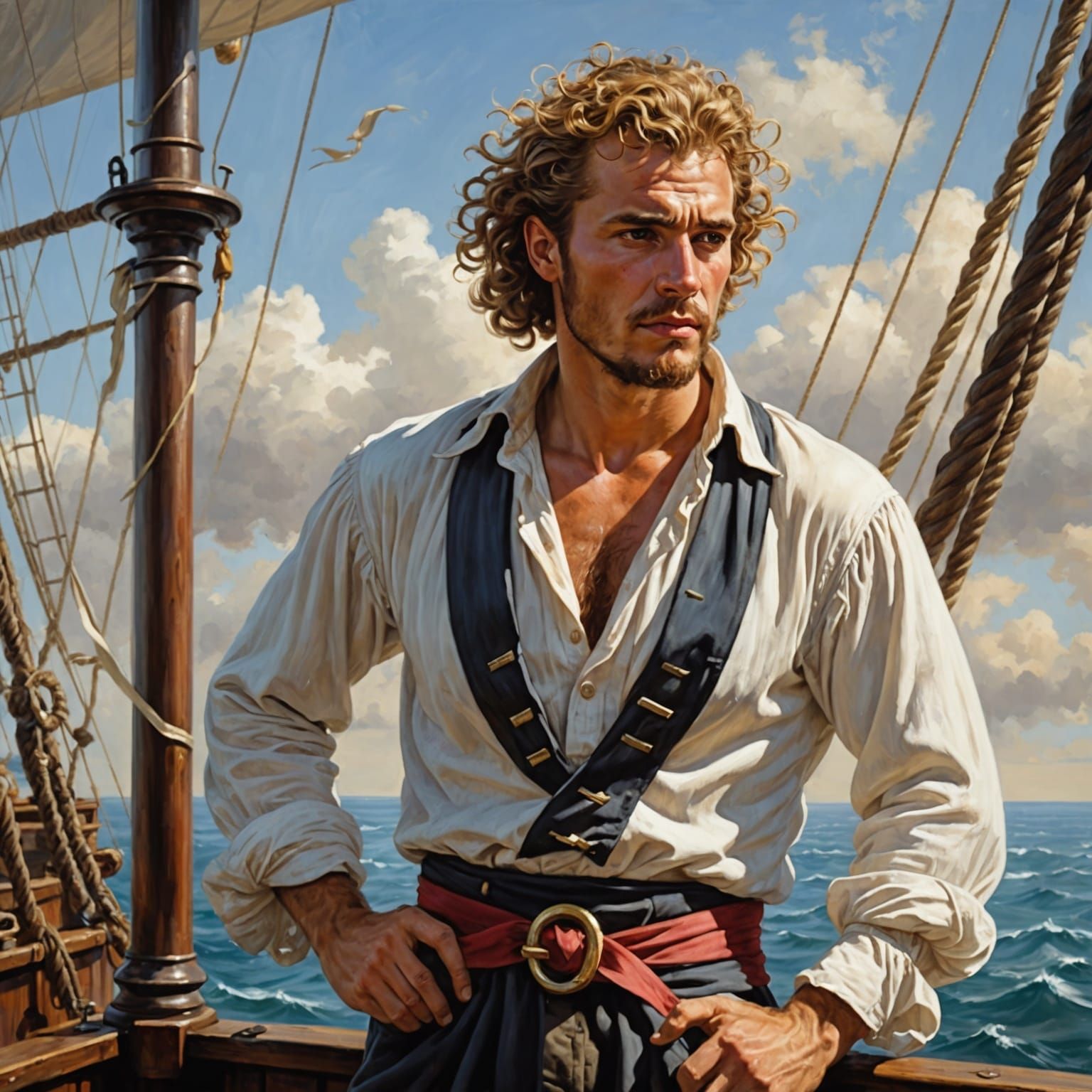 Brooding Pirate on Deck in Oil Painting Style