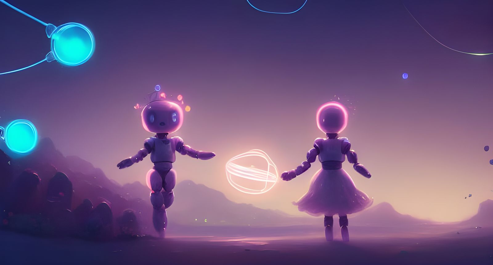 Robot and Girl Amidst Crystal Stars: Digital Art