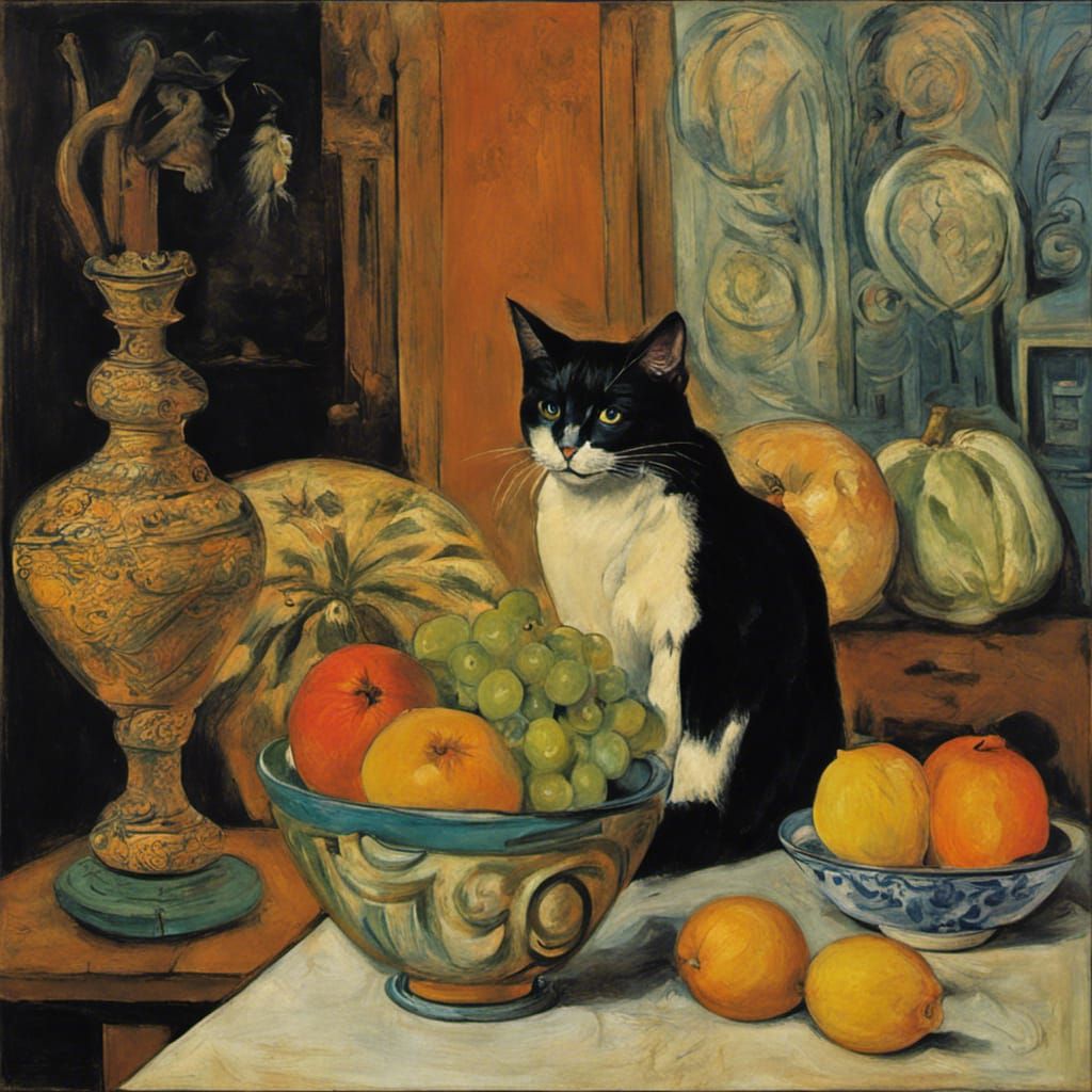 Eldritch Cat and Fruit Bowl Inspired by Cubism