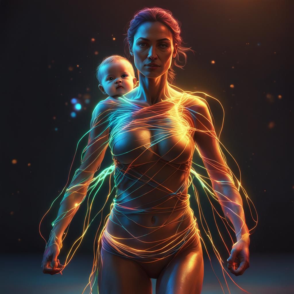 Mother and Child Connected by Glowing Strings