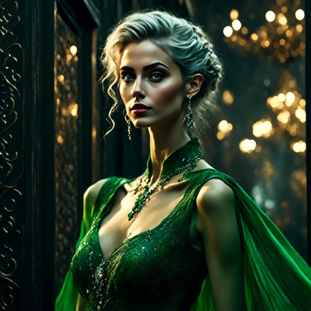 Elven Woman in Green Gown, Oil Portrait