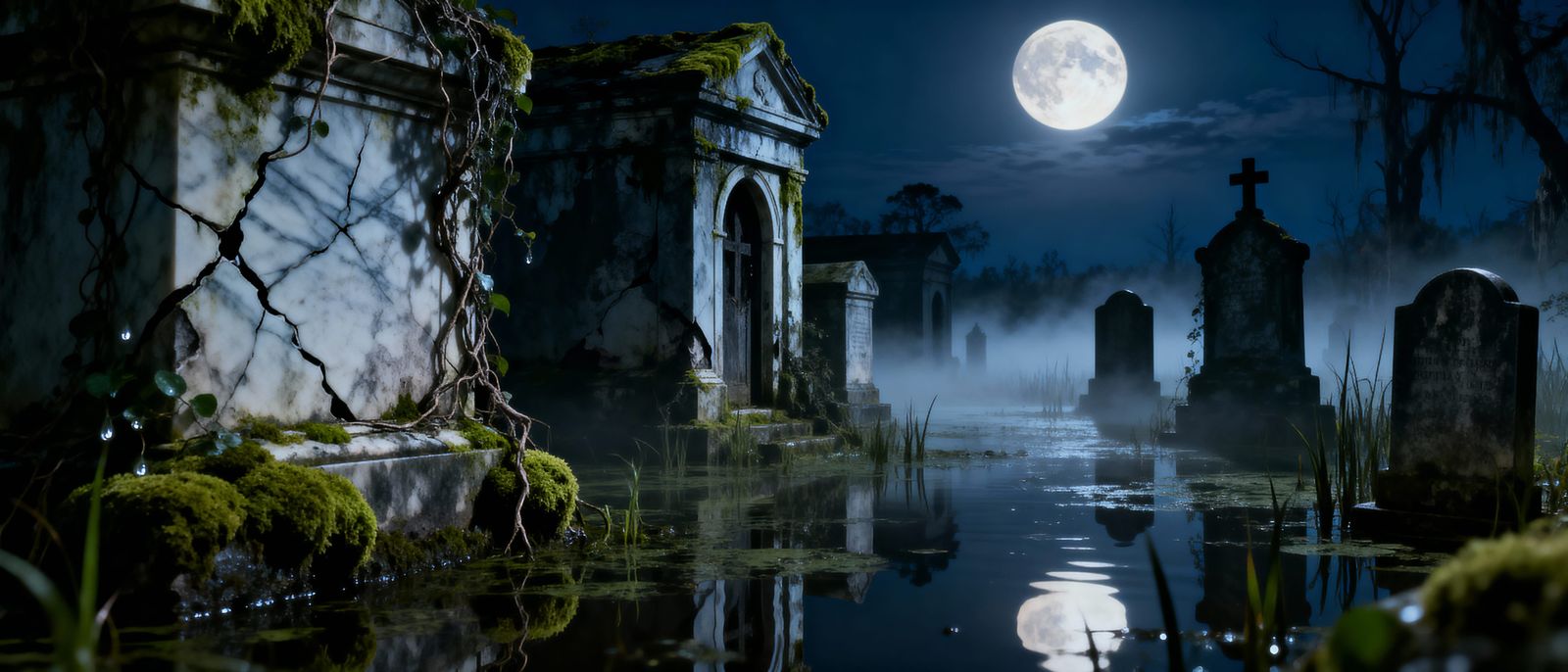 Swamp Reclaims Abandoned Cemetery Under Full Moon