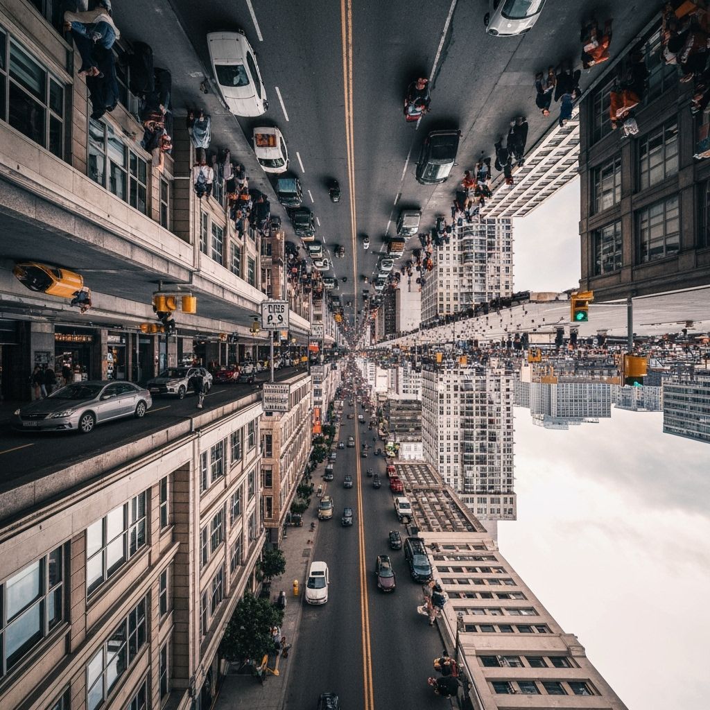 Surreal Cityscape with Mirrored Streets and Gravity Defying ...