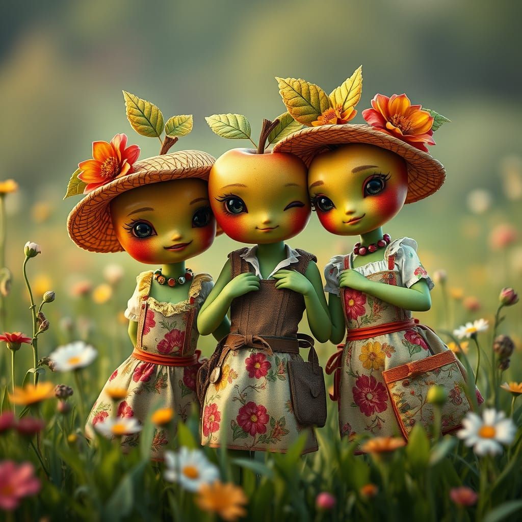 Whimsical Apple Humanoids in Country Attire Pose in Idyllic ...