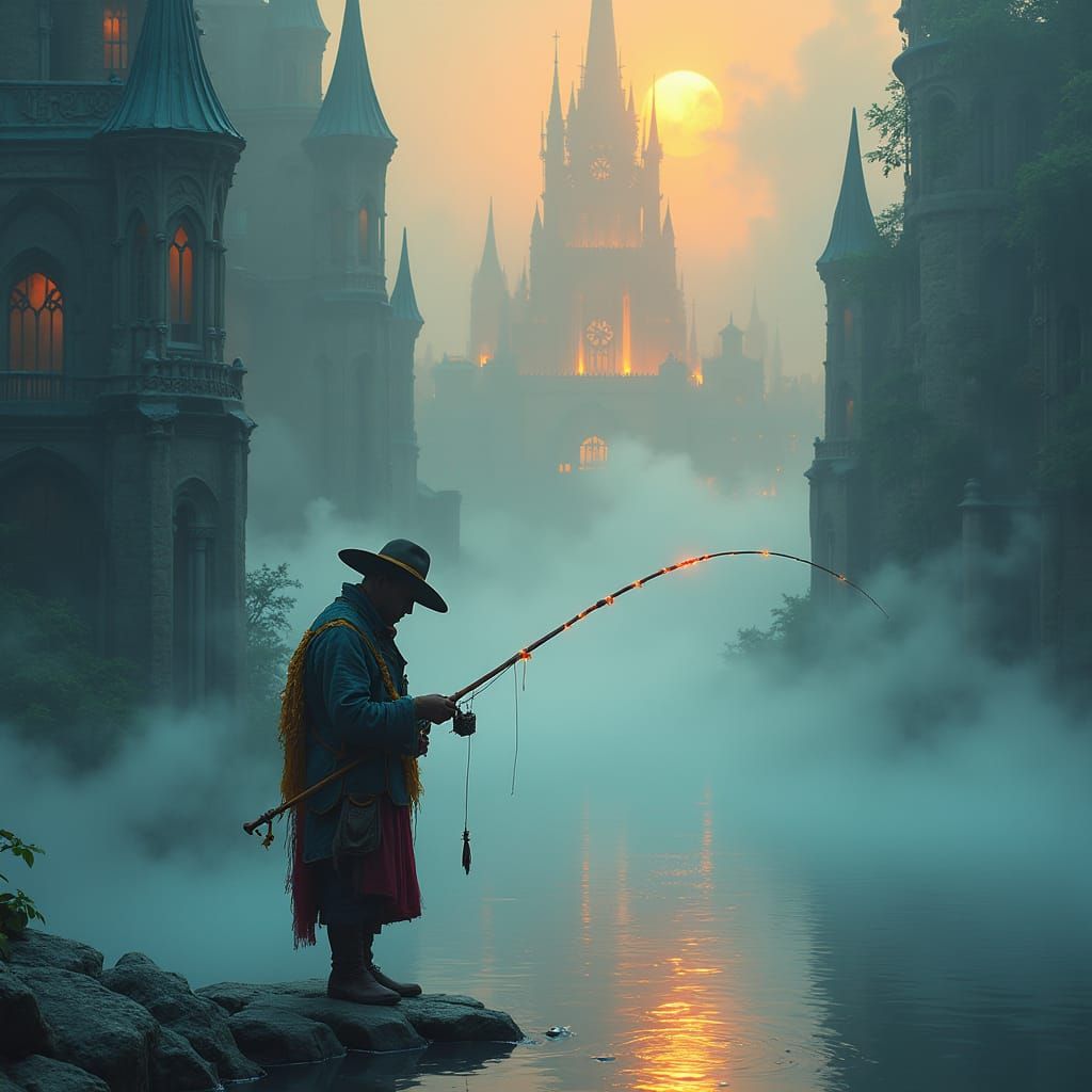 Ethereal Fisherman in Mystical Landscape