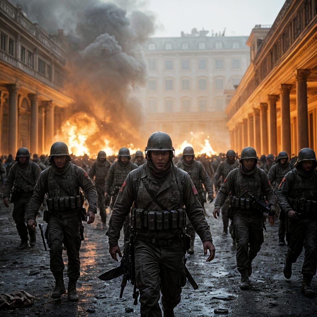 Zombies Invade Palazzo Terragni: A Cinematic Film Still