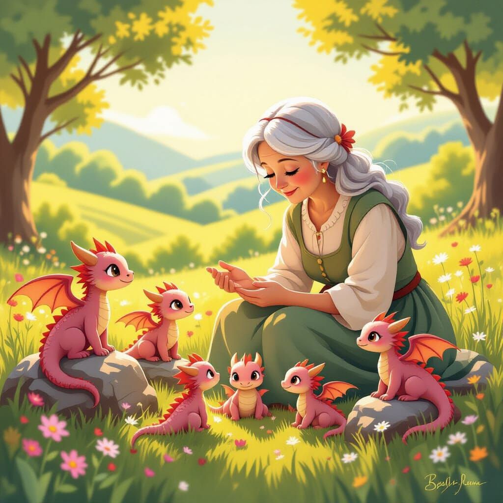 Elderly Woman Teaches Pink Dragons in Fairytale Meadow