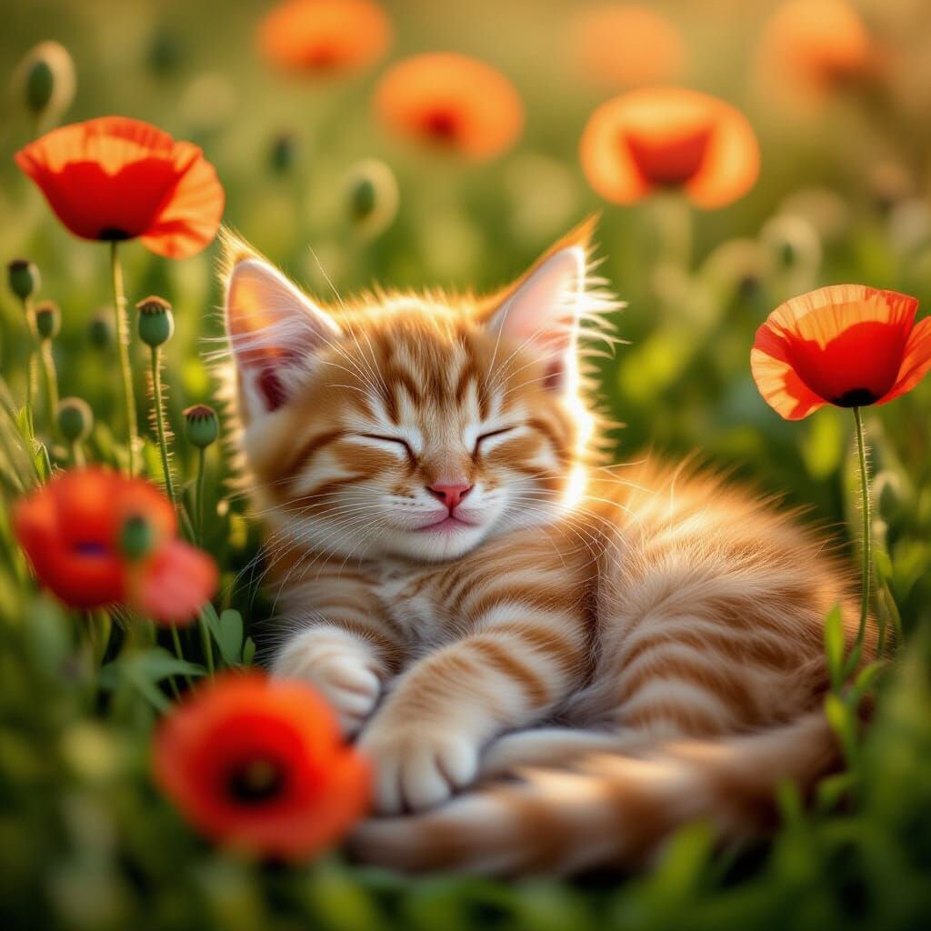 Cute Ginger Kitten Sleeping in Poppy Field Photography