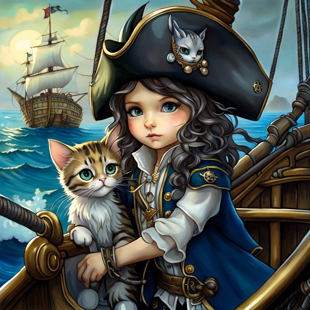 Cat Pirates on the Sea in Watercolor Style
