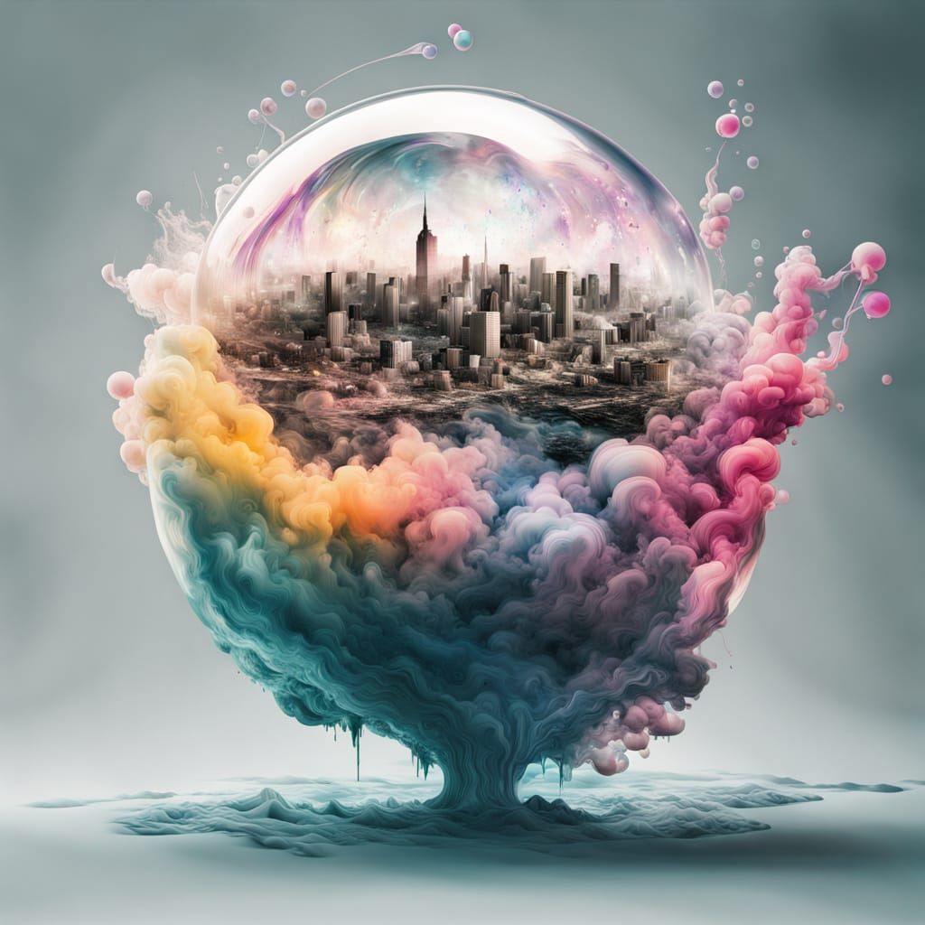 City in Bubble Surrounded by Iridescent Ink