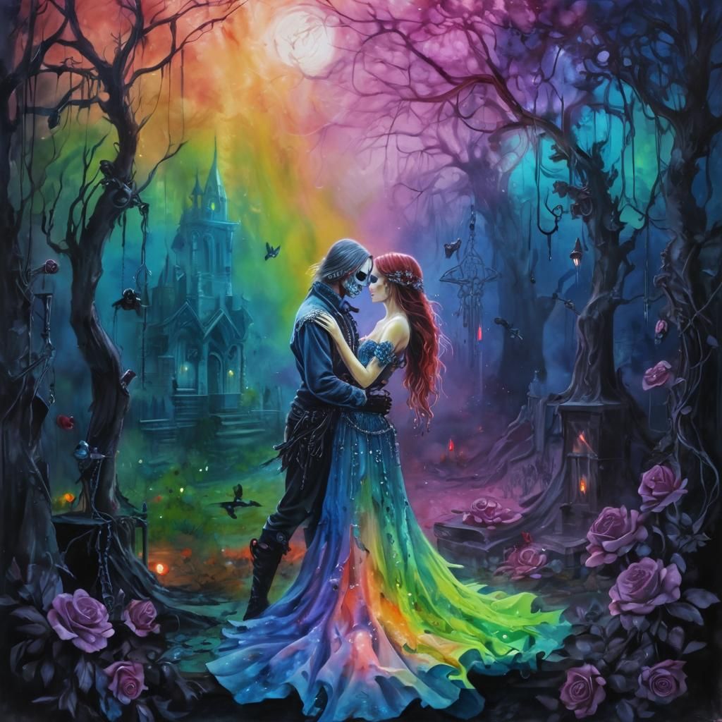 Macabre Zombie Fairy Couple in Dark Fantasy Watercolor