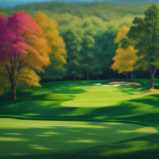 Impressionist Golf Course Landscape with Rolling Greens and ...