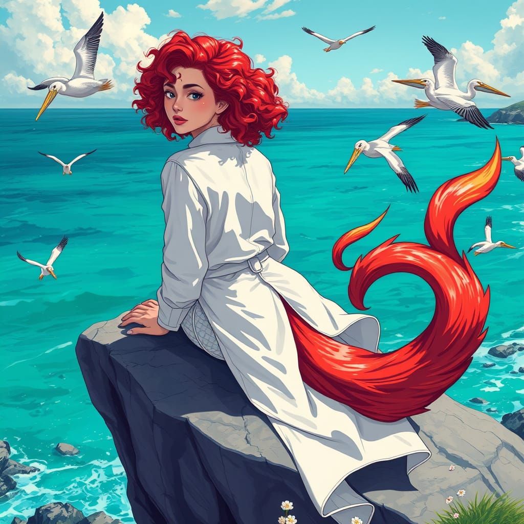 Fantasy Fencer Lounging by Turquoise Sea in Vibrant Style