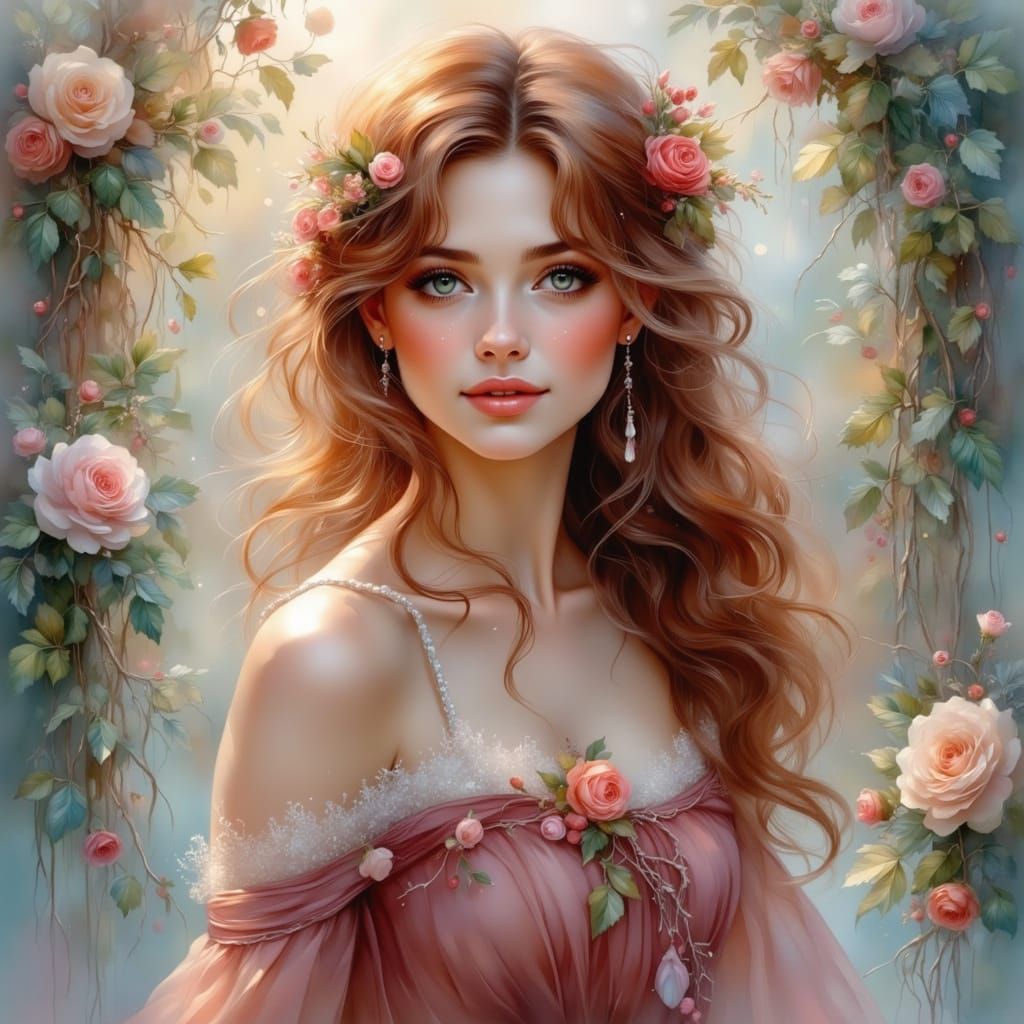 Elegant Lady in Winter Garden, Painterly Anime Style