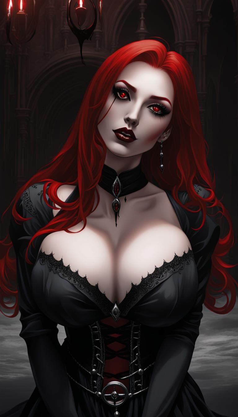 Redhead Vampire in Gothic Castle: Dark Fantasy Art