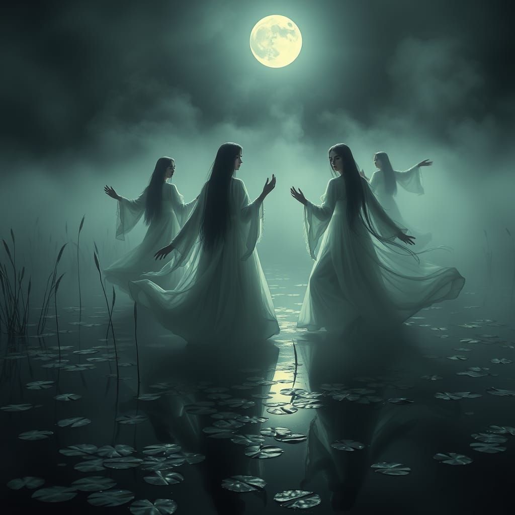 Ethereal Slavic Water Nymphs Dance on Moonlit Lake