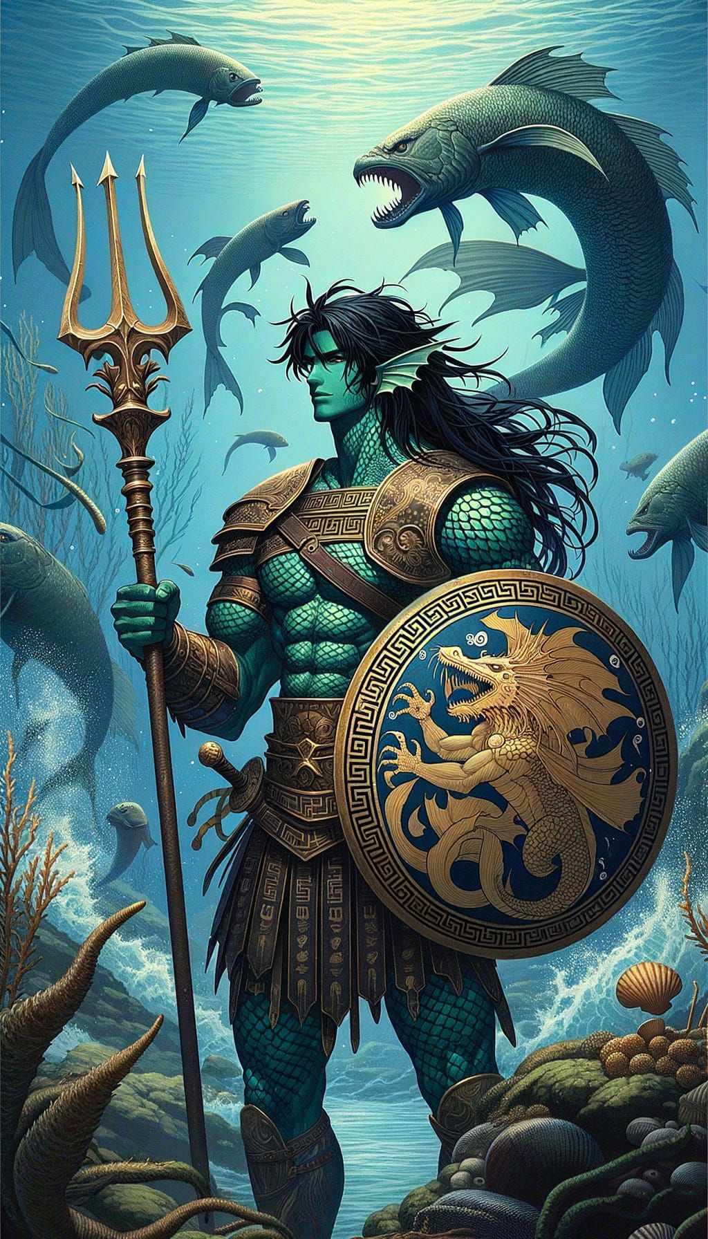 Underwater Hero in Hoplite Armor, Triton Warrior with Triden...