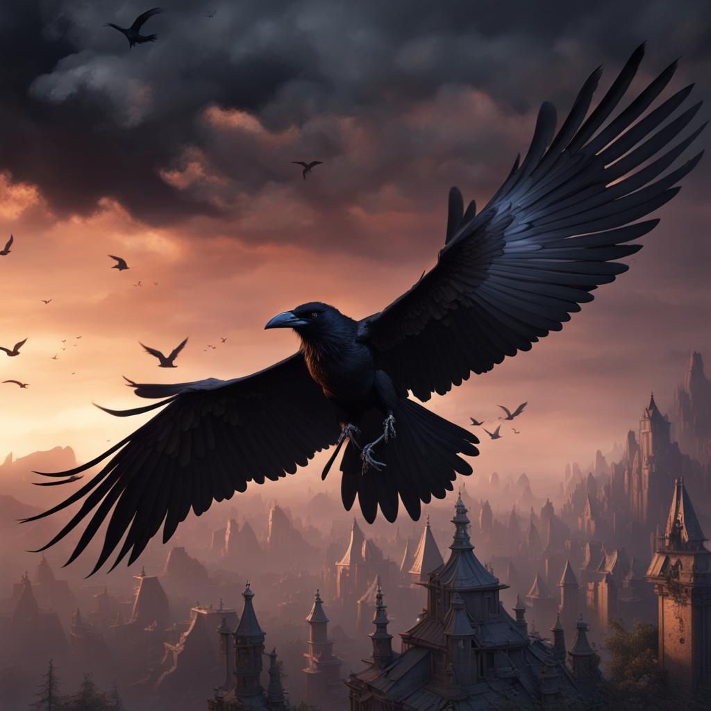 Crow Soaring Through Dark Fantasy Setting