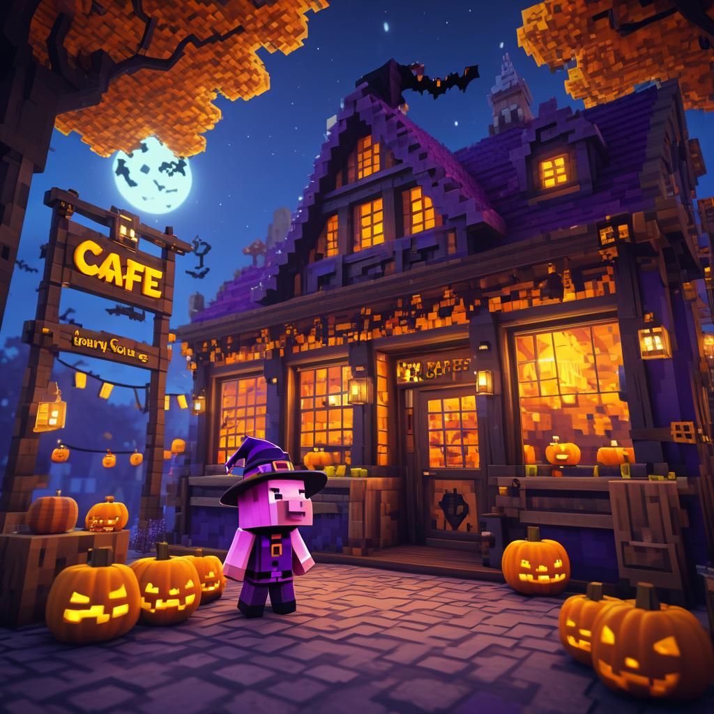Minecraft Pig in Witch Hat at Halloween Cafe