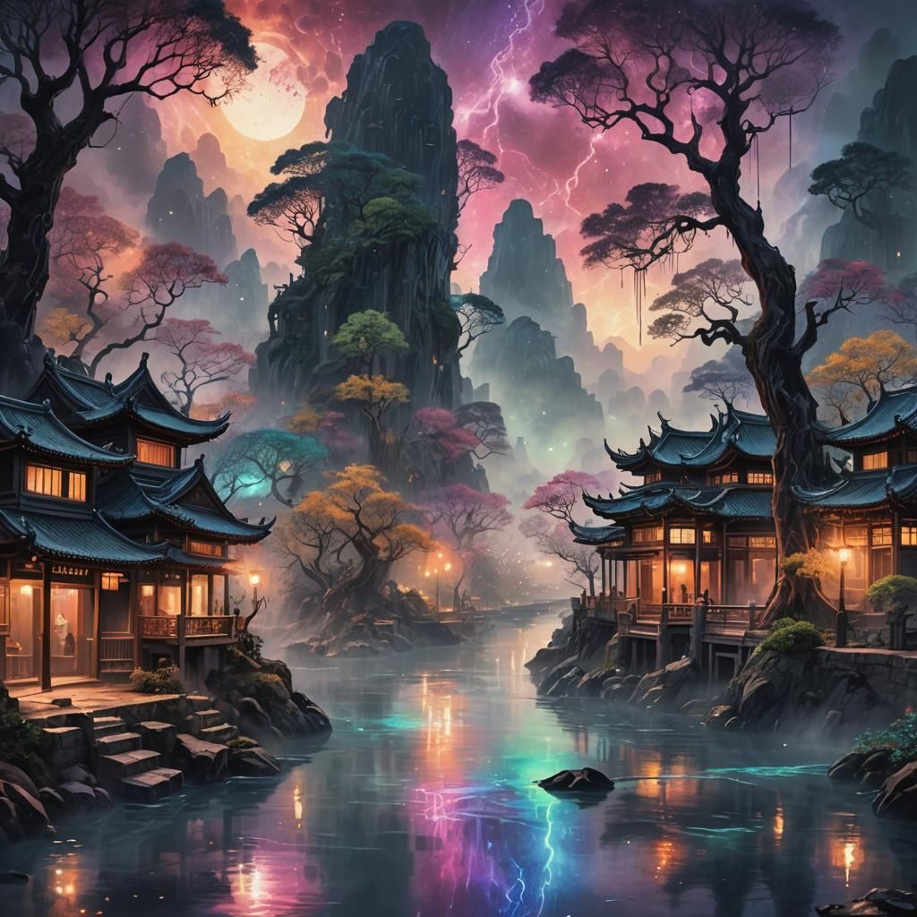 Dark Asian Fantasy Landscape in Mixed Media