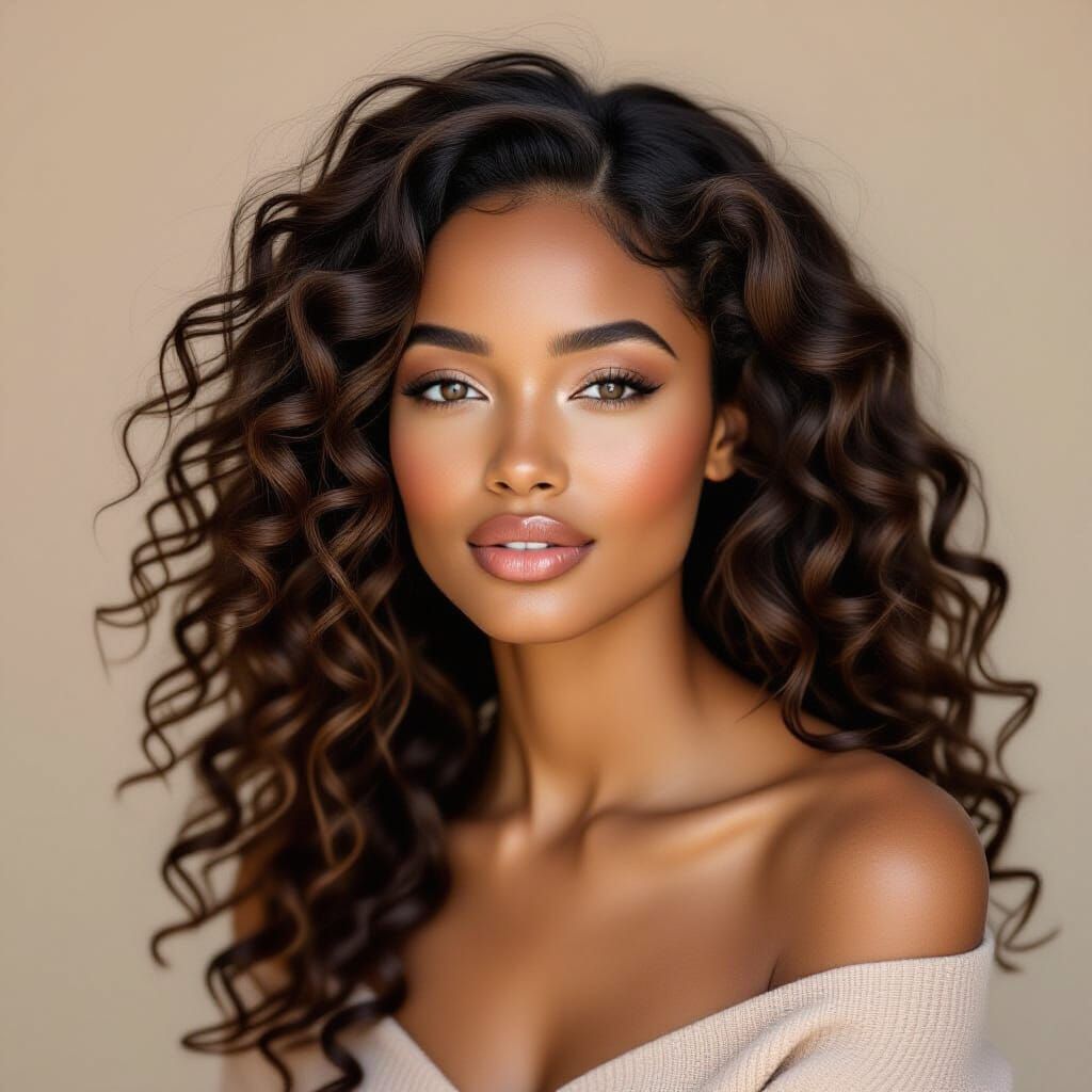 Beautiful African Woman with Long Curly Brown Hair