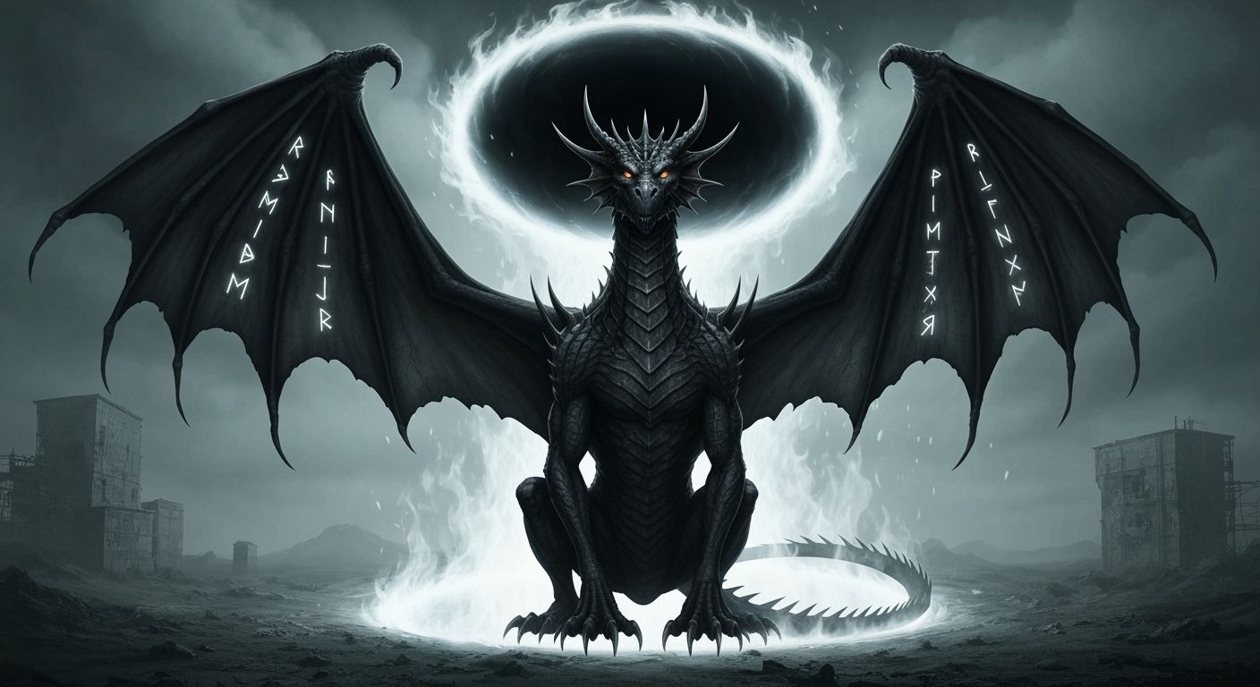 Colossal Dragon Under Black Hole in Dystopian Landscape