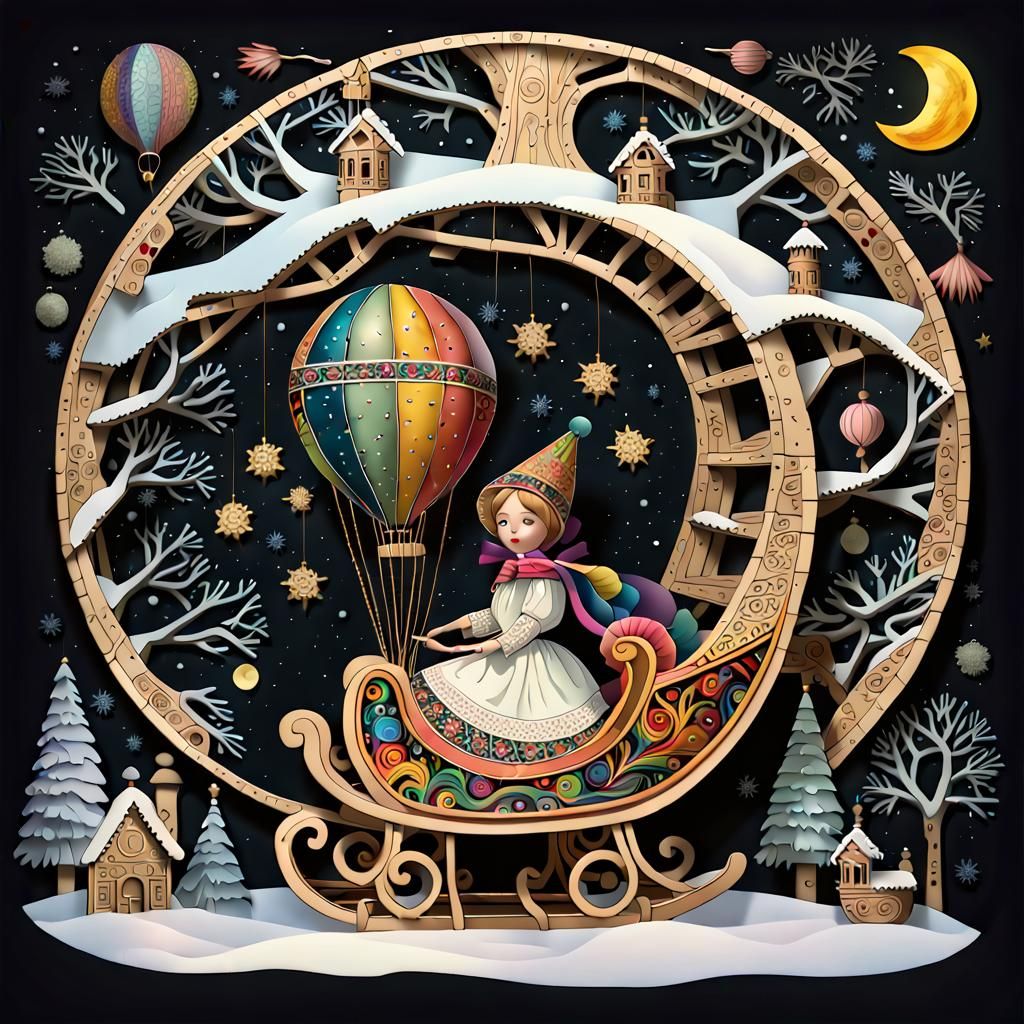 Antique Doll Rides Paper Balloon Sleigh: Folk Art