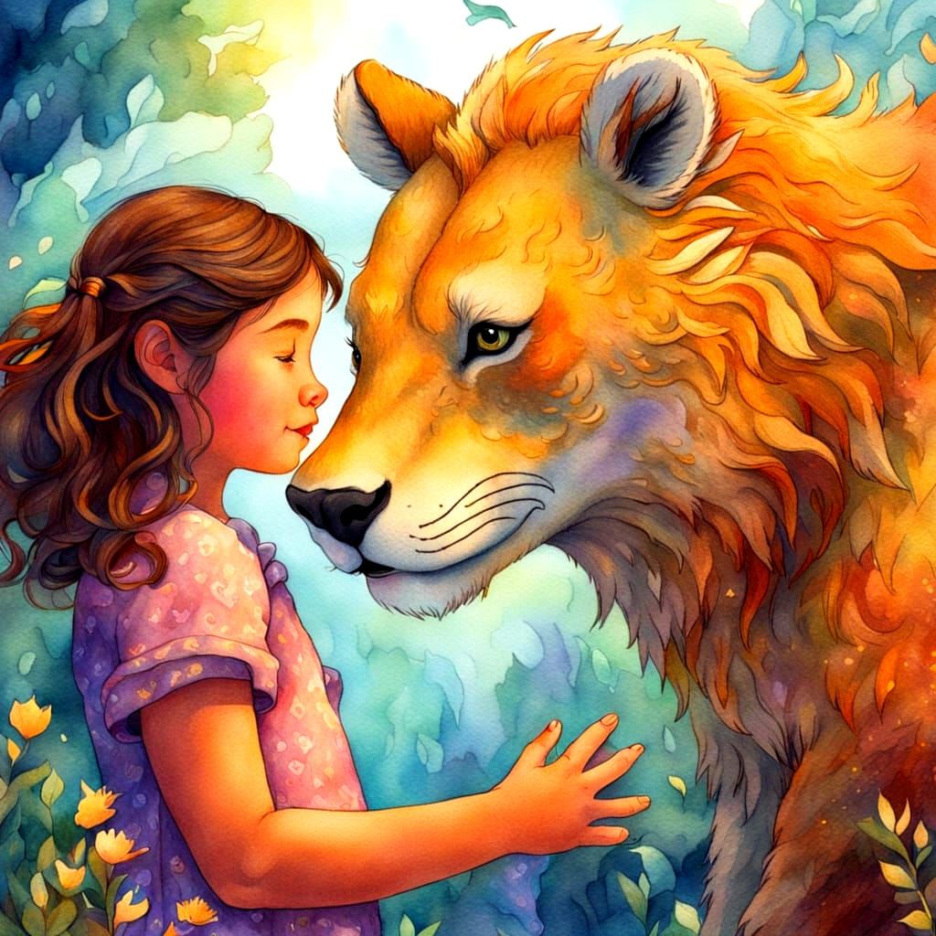 Girl Hugging Beast in Watercolor Storybook Style