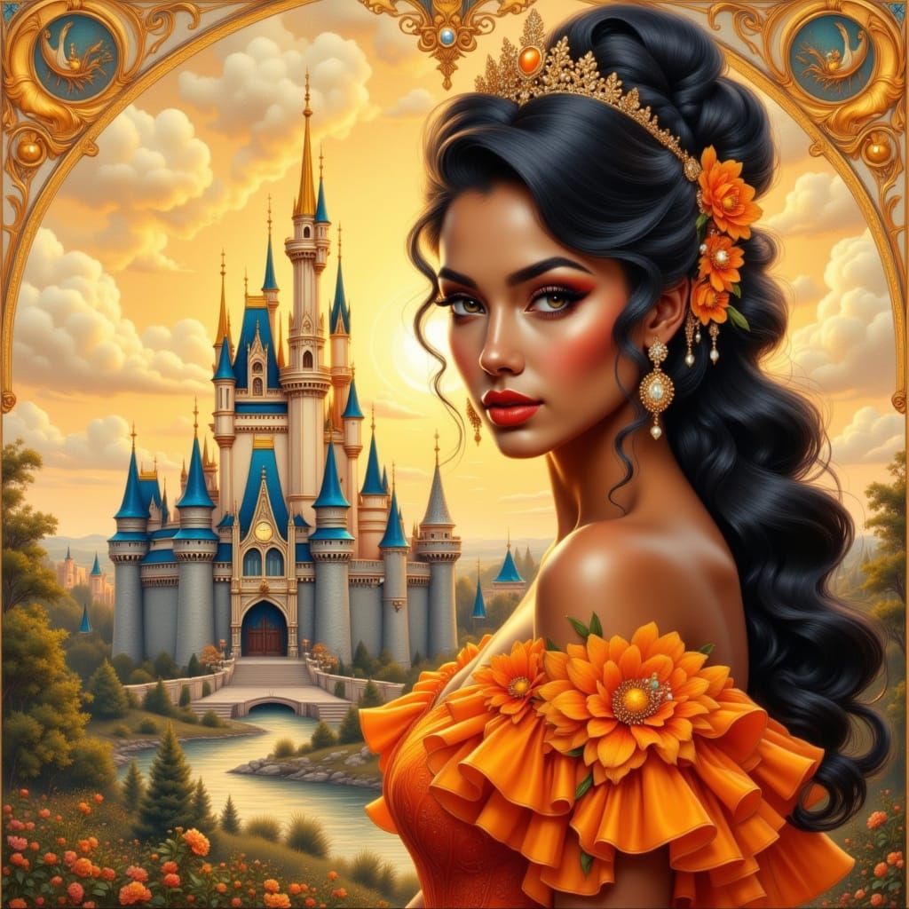 Art Nouveau Princess Before Disney Castle