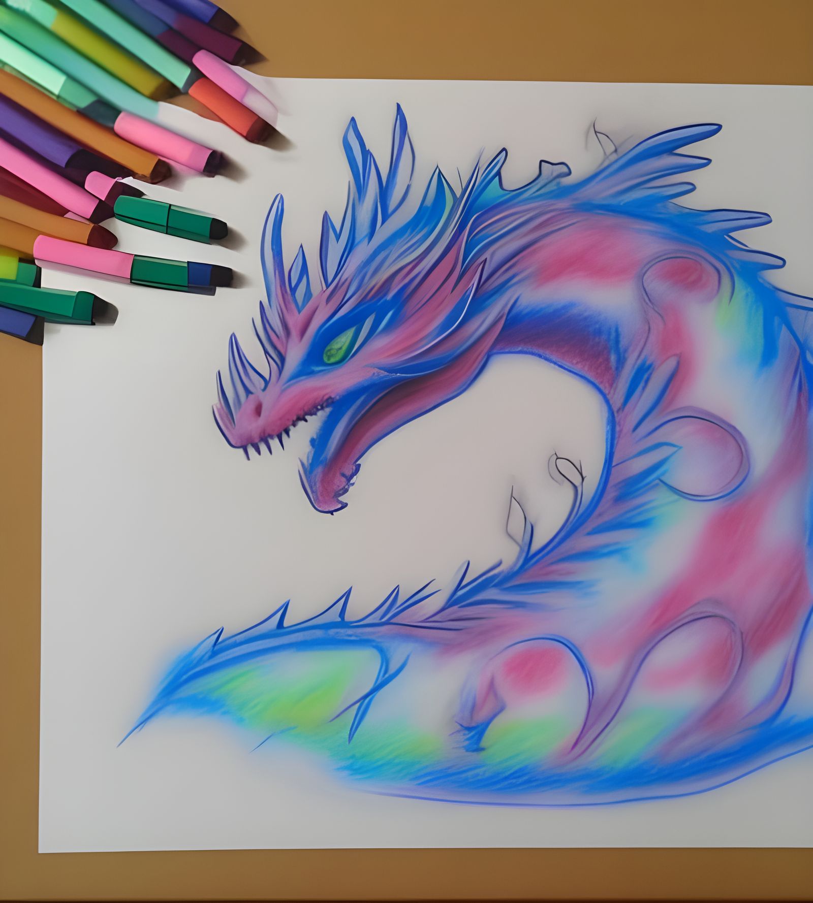 Mystical Crayon Dragon Drawing on Paper